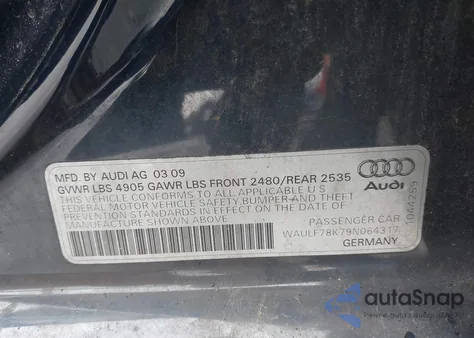 2009 Audi A4 2.0T Premium z USA, uszkodzony, nr VIN WAULF78K79N064317